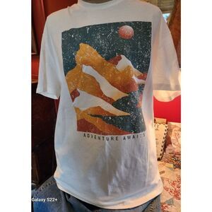 E54 BaeVely Distressed T shirt Orange & Green Mountain Scene "Adventure Awaits"